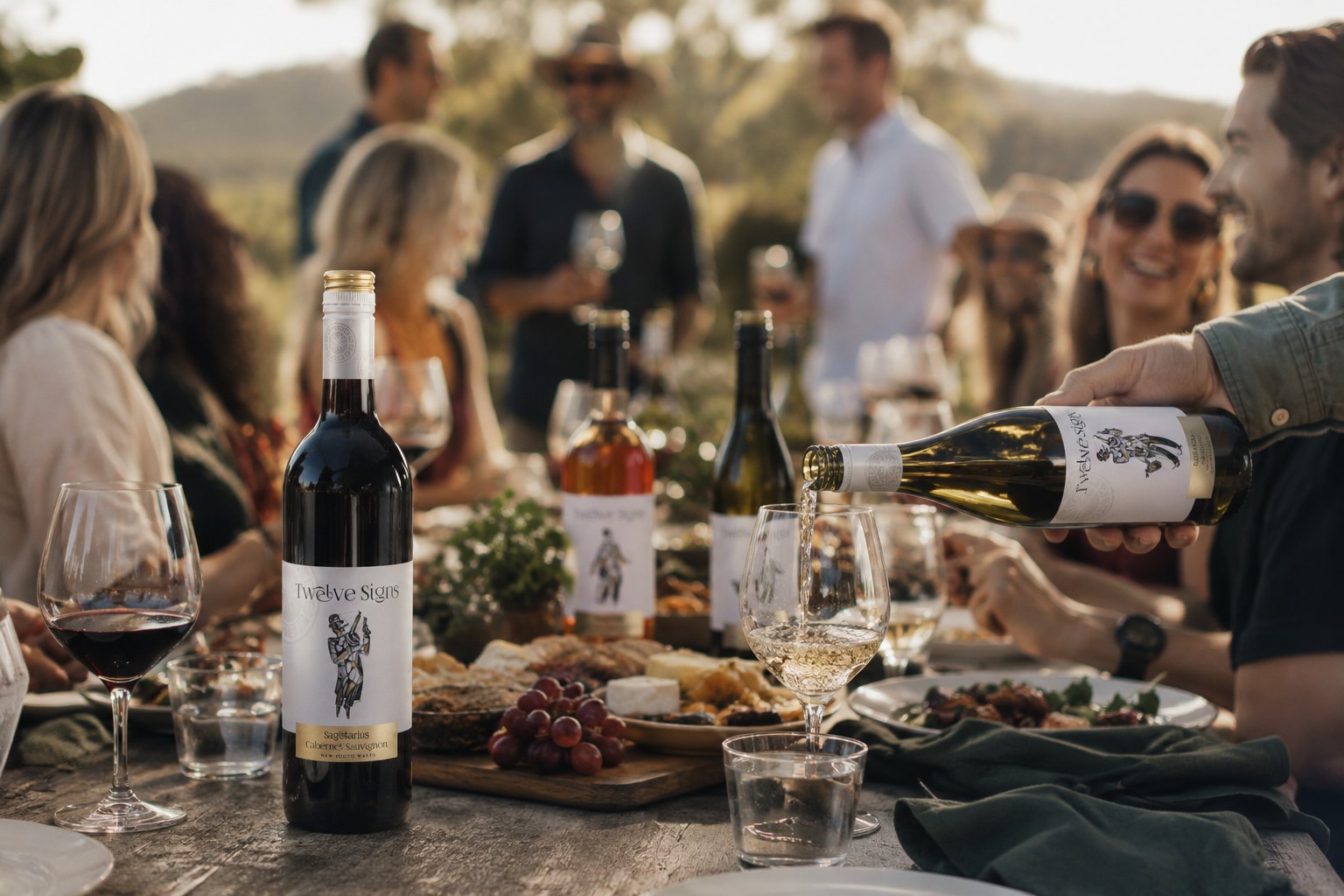 Pouring Twelve Signs at a long vineyard table
